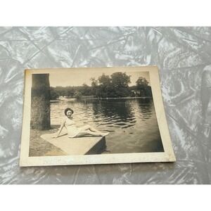 Vintage B&W Snapshot Woman in Swimsuit by Lake 1940s 1950s Photo To Wayne Velox